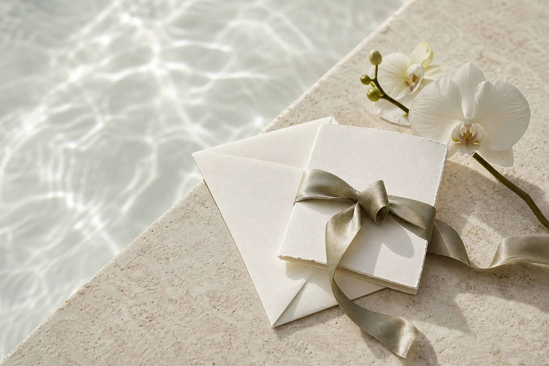 Ivory gift card, envelope, sage ribbon and orchid arranged beside rippling water