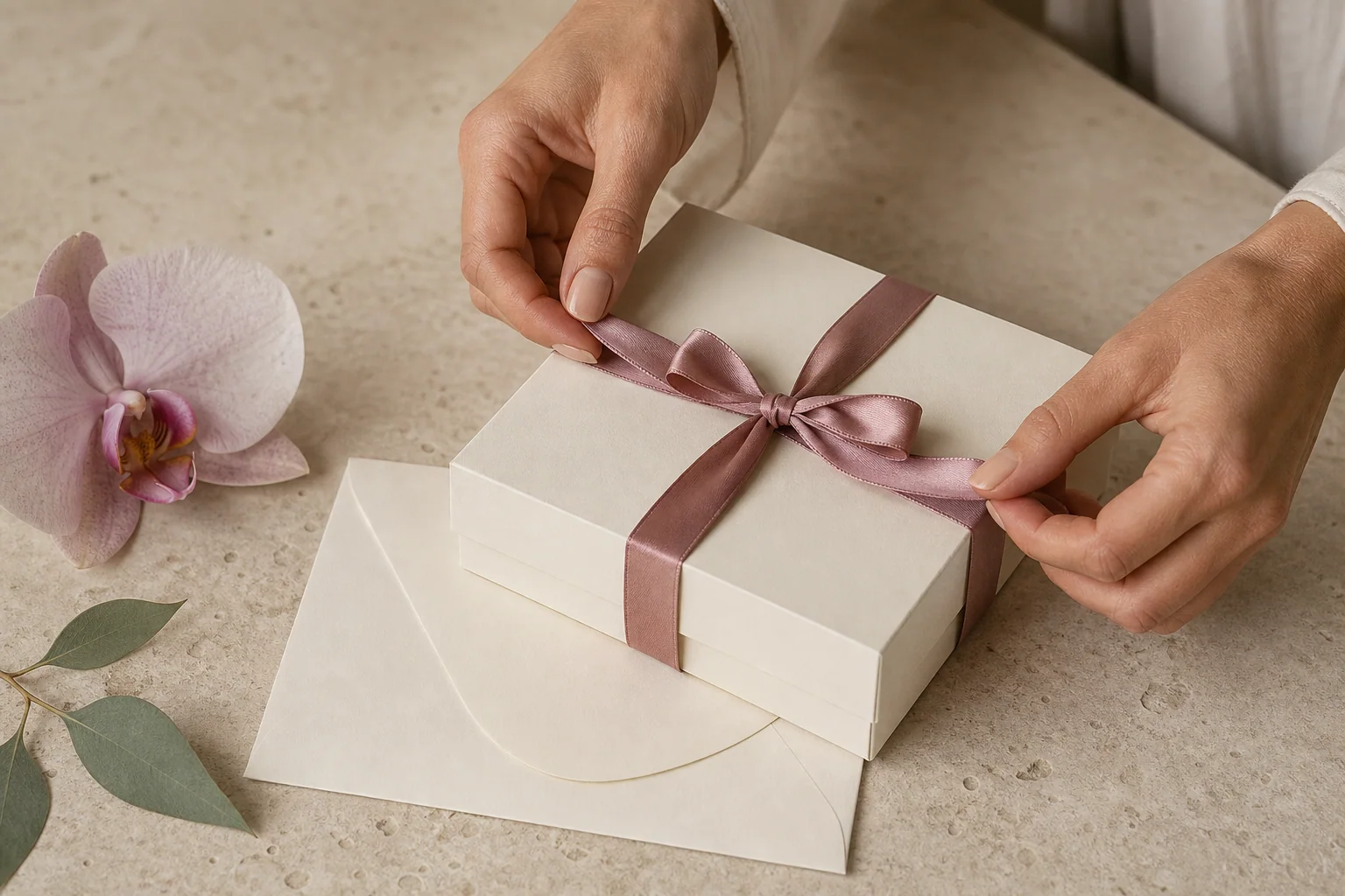 Hands tying a ribbon around an elegant spa gift