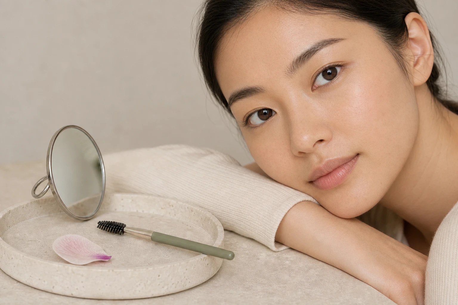 Woman beside professional brow-grooming tools on pale limestone
