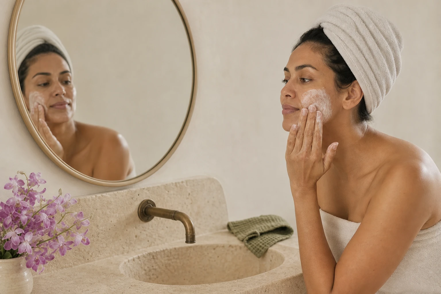 Woman pressing a soft cleansing cloth to her cheek during an evening skincare ritual