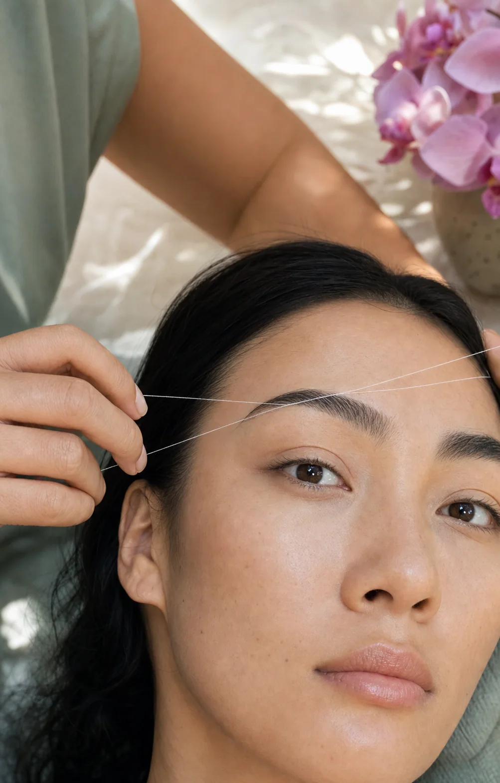 Esthetician precisely threading a client's eyebrow