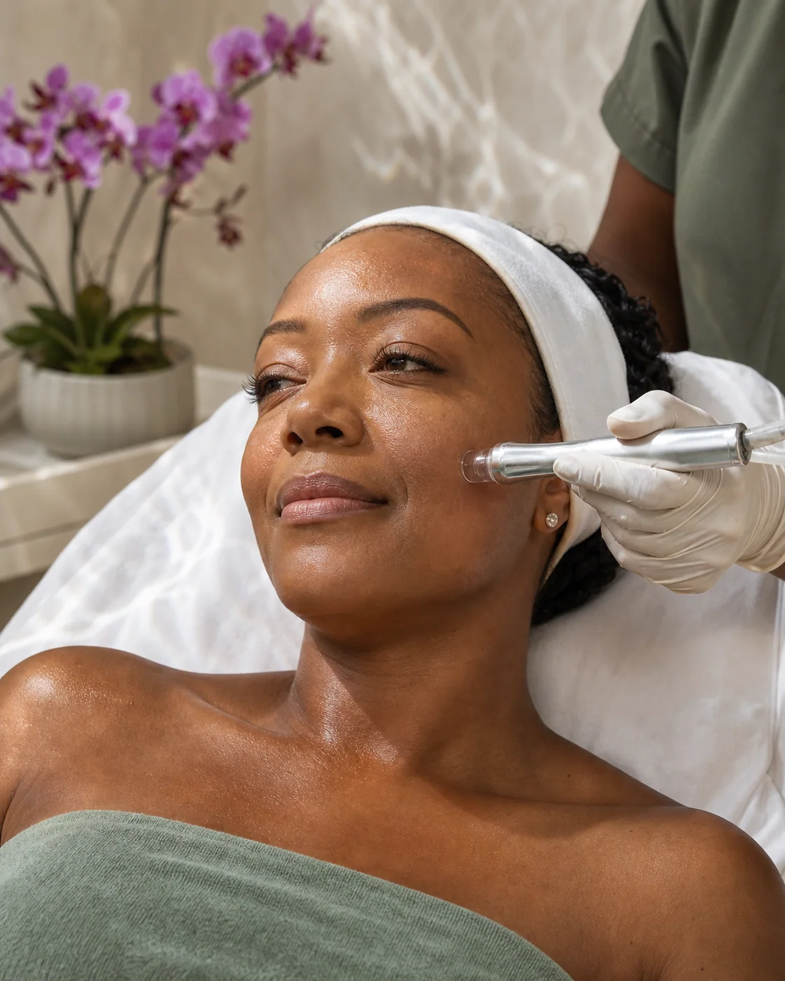 Client receiving an advanced hydration facial with a professional handpiece