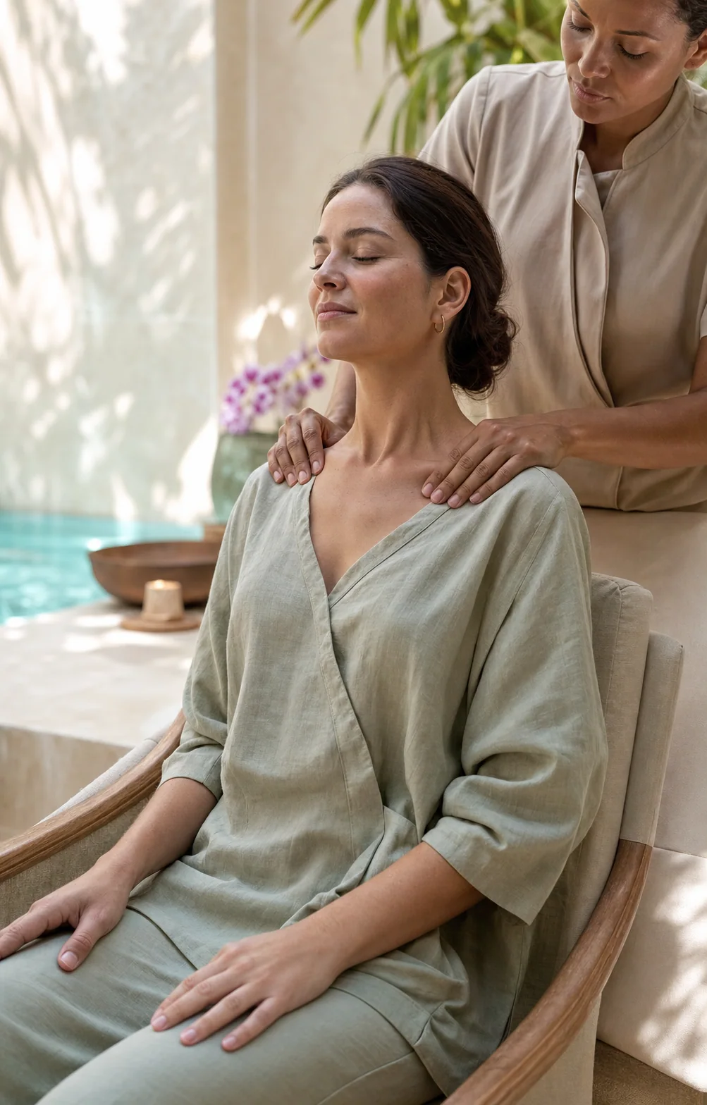 Client receiving a professional seated shoulder massage