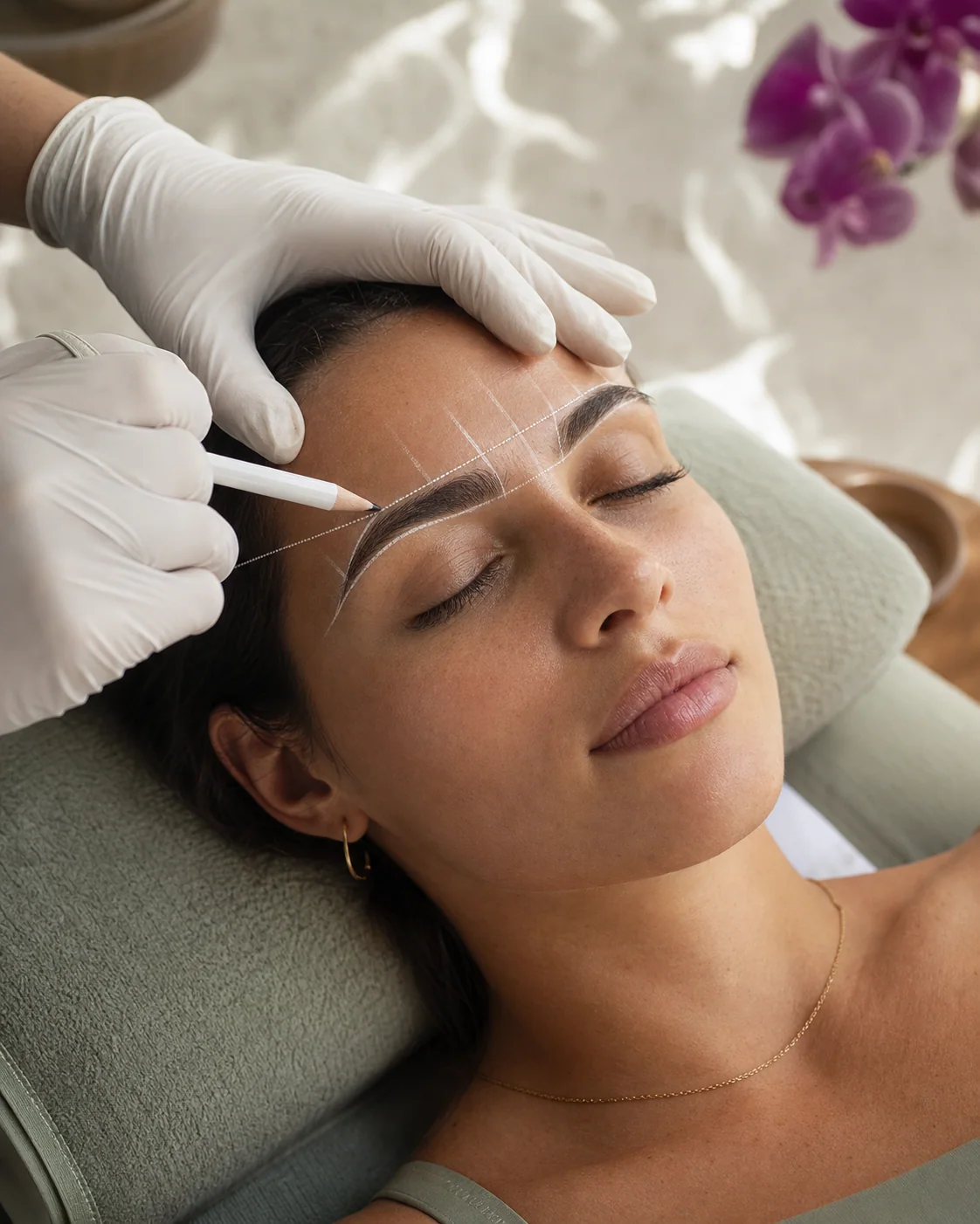 Professional mapping a client's brows before microblading