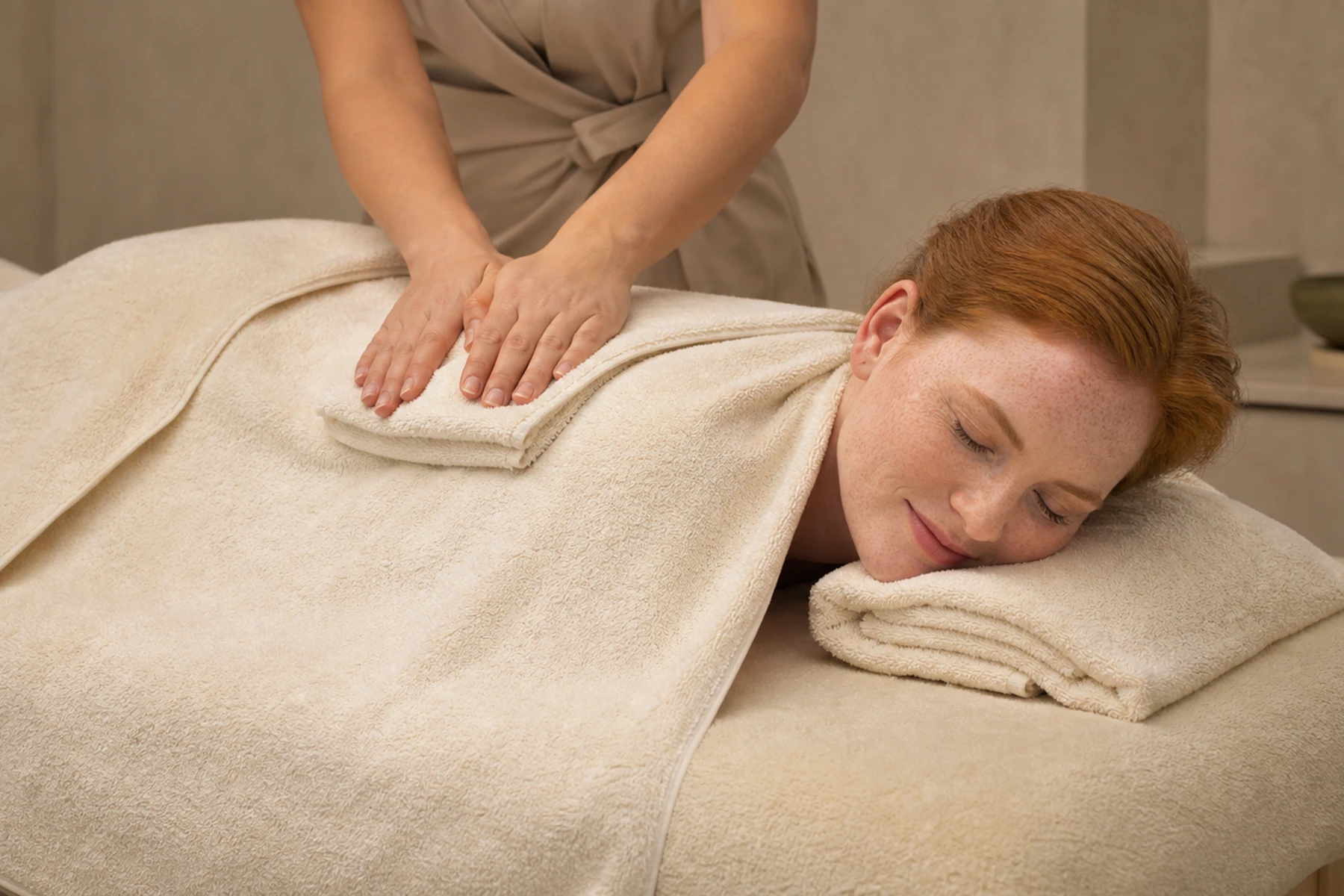 Client resting comfortably during a softly lit massage treatment
