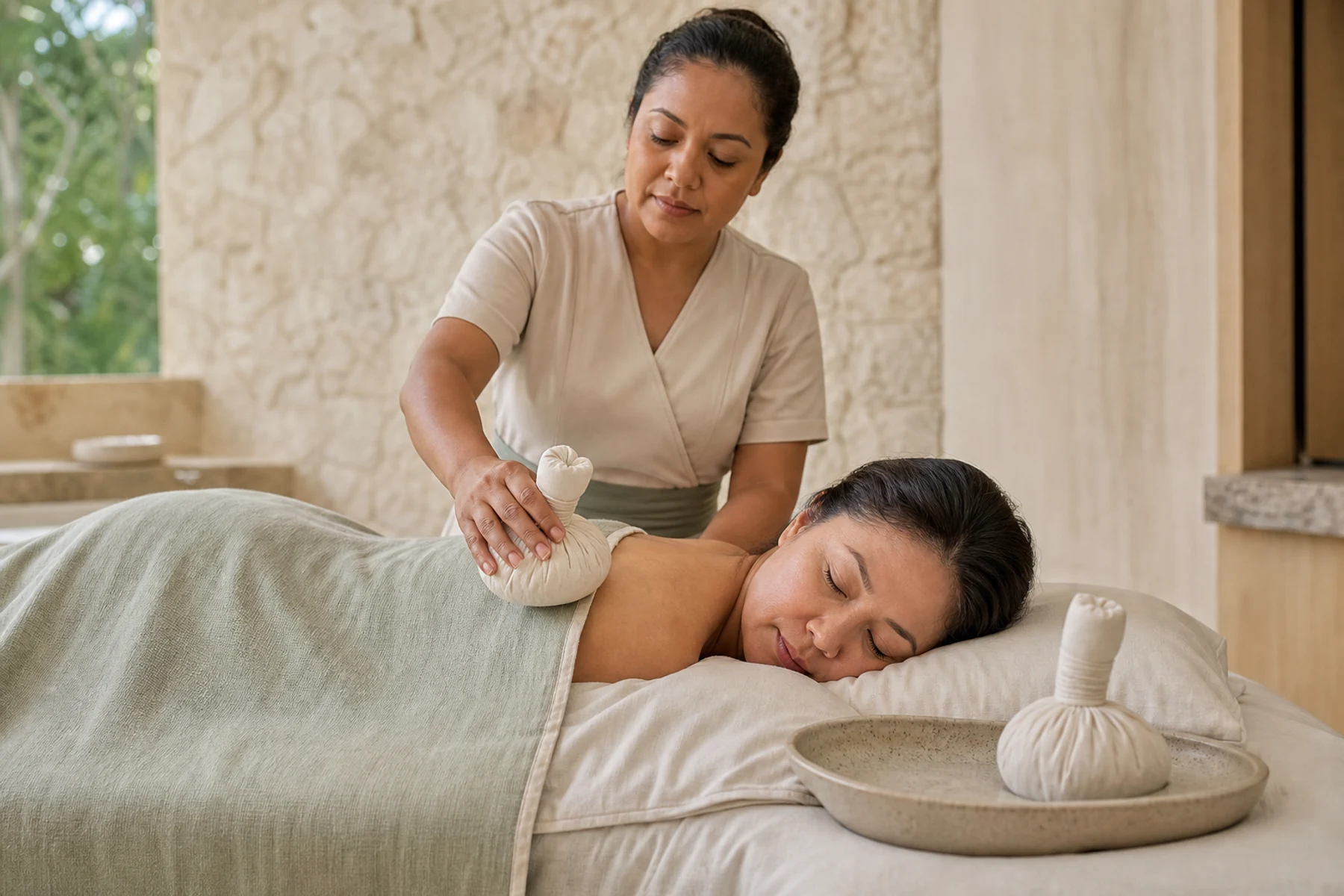 Massage therapist pressing a warm herbal cloth pouch over a draped adult client's shoulder