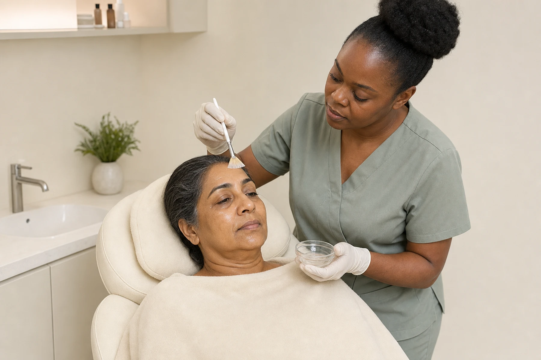 Esthetician applying a translucent peel solution to a mature adult client's forehead