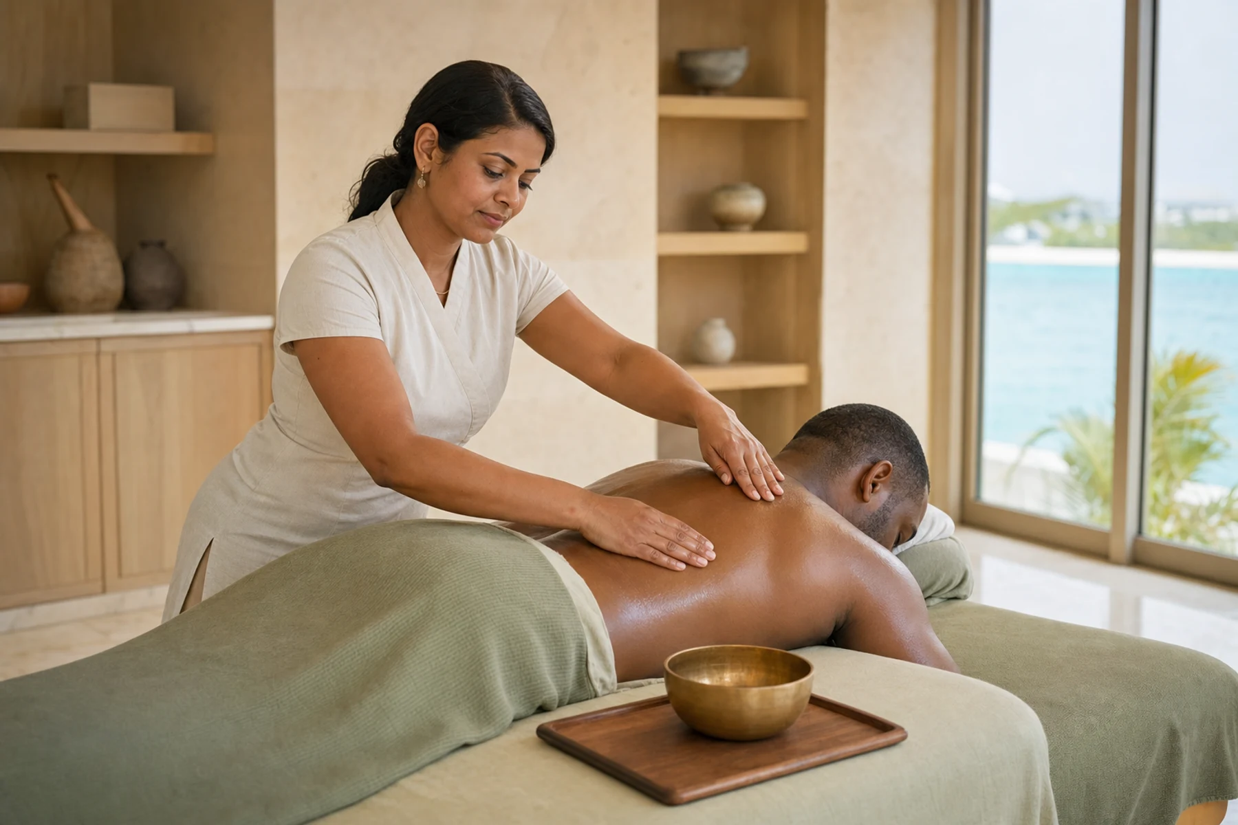 Massage therapist applying a warm-oil stroke across a professionally draped adult client's back