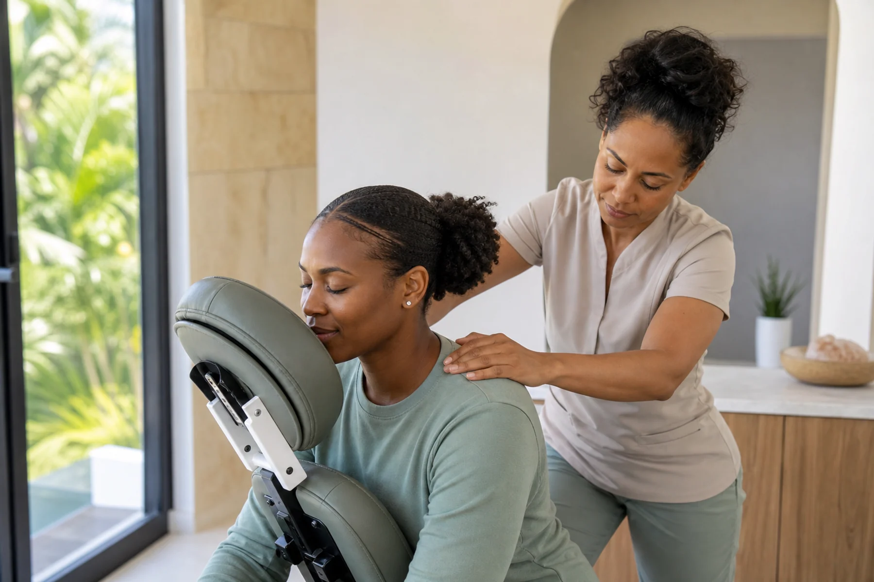 Draped client receiving a professional deep tissue shoulder and upper-back massage
