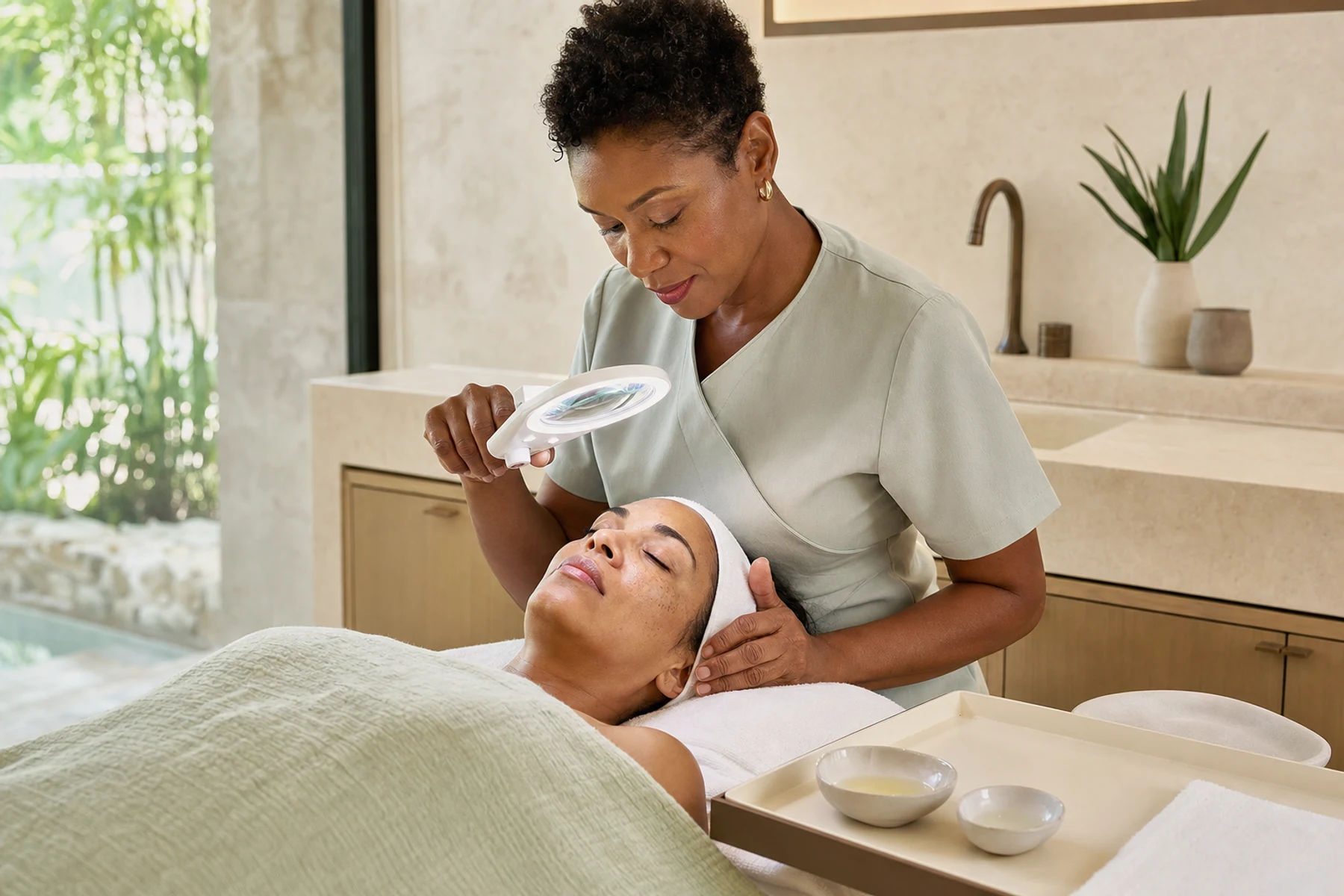 Skin therapist assessing an adult client's face with an unbranded magnifying lamp