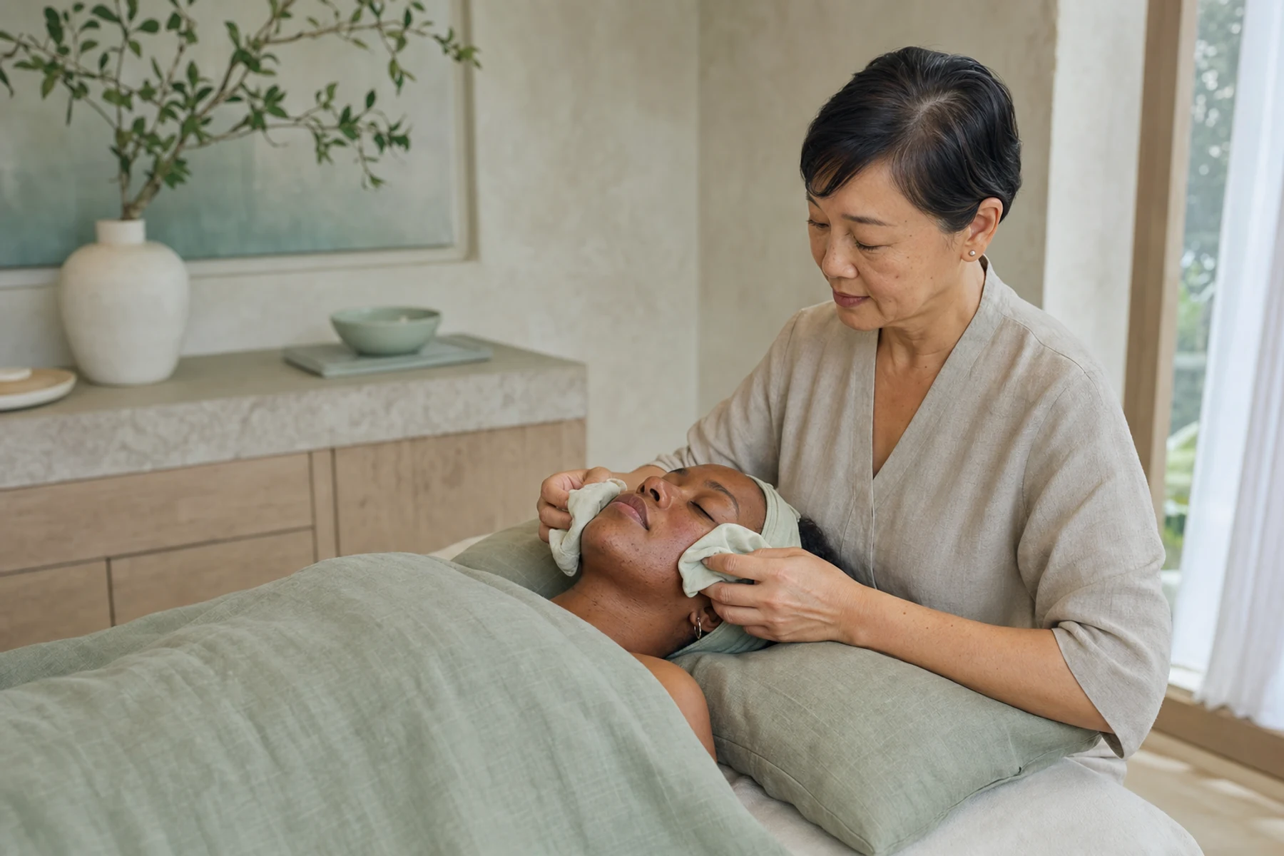 Skin therapist holding soft cooling compresses against an adult client's cheeks