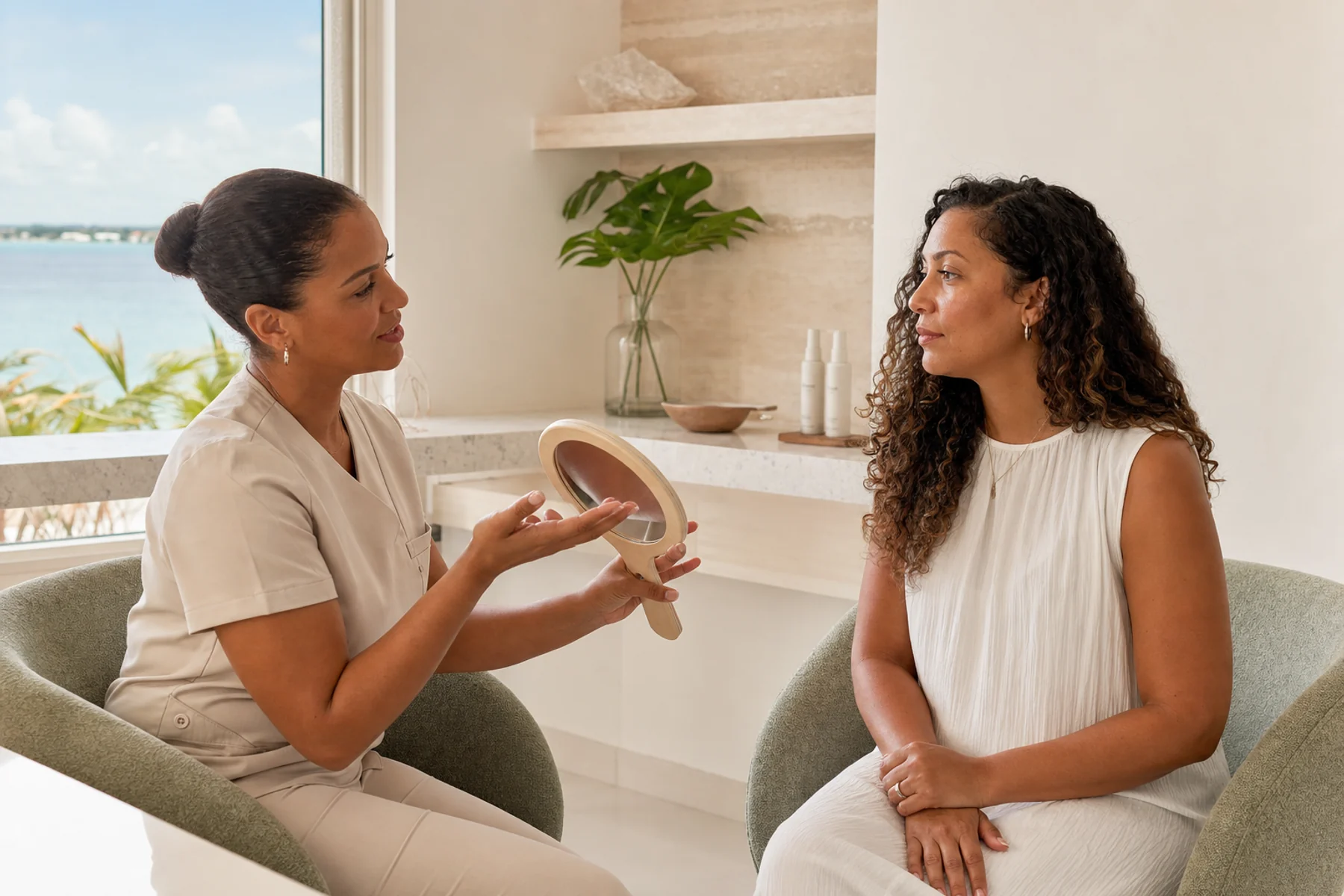 Skin therapist speaking with an adult client during a calm facial consultation