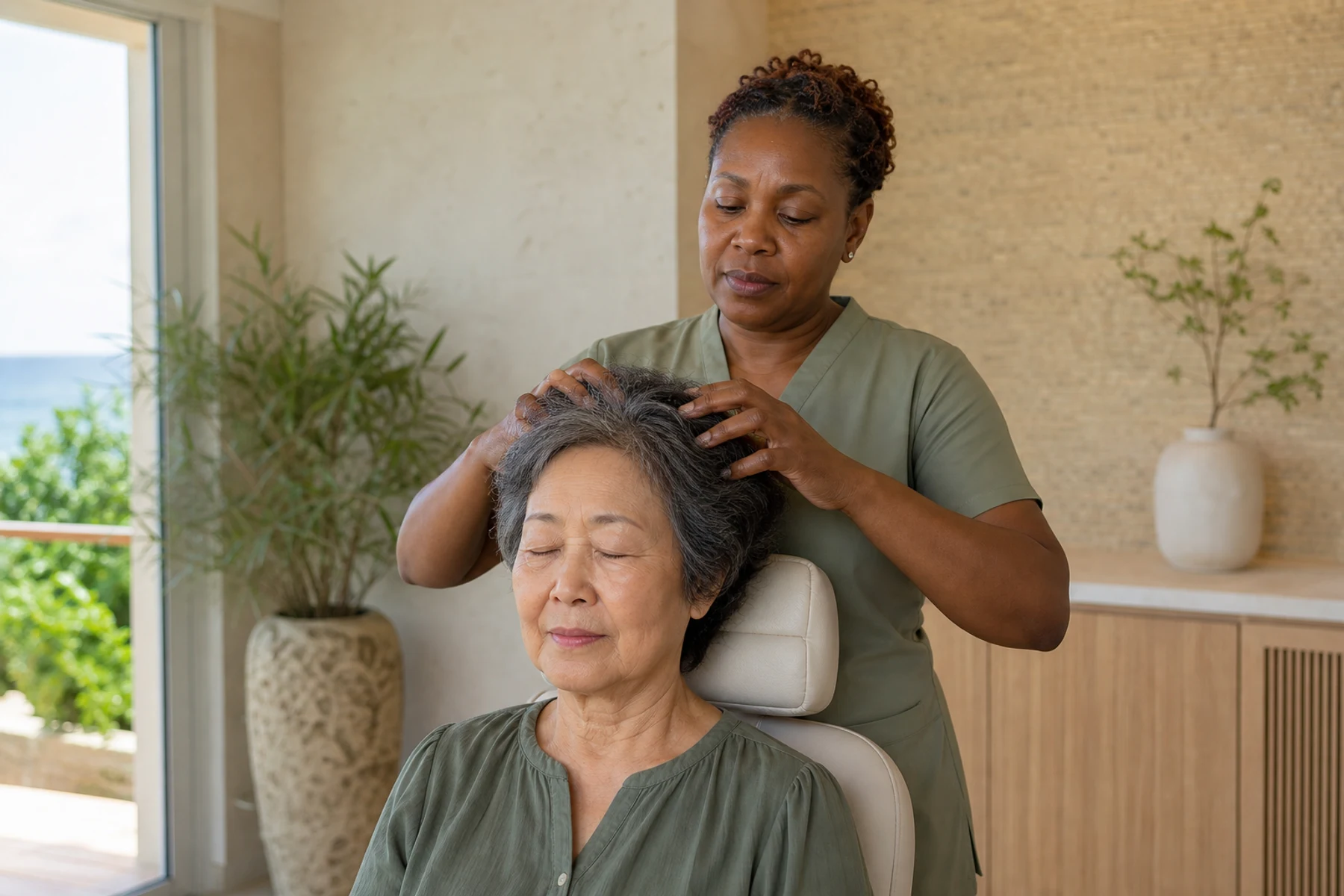 Massage therapist applying circular fingertip pressure to a seated mature adult client's scalp