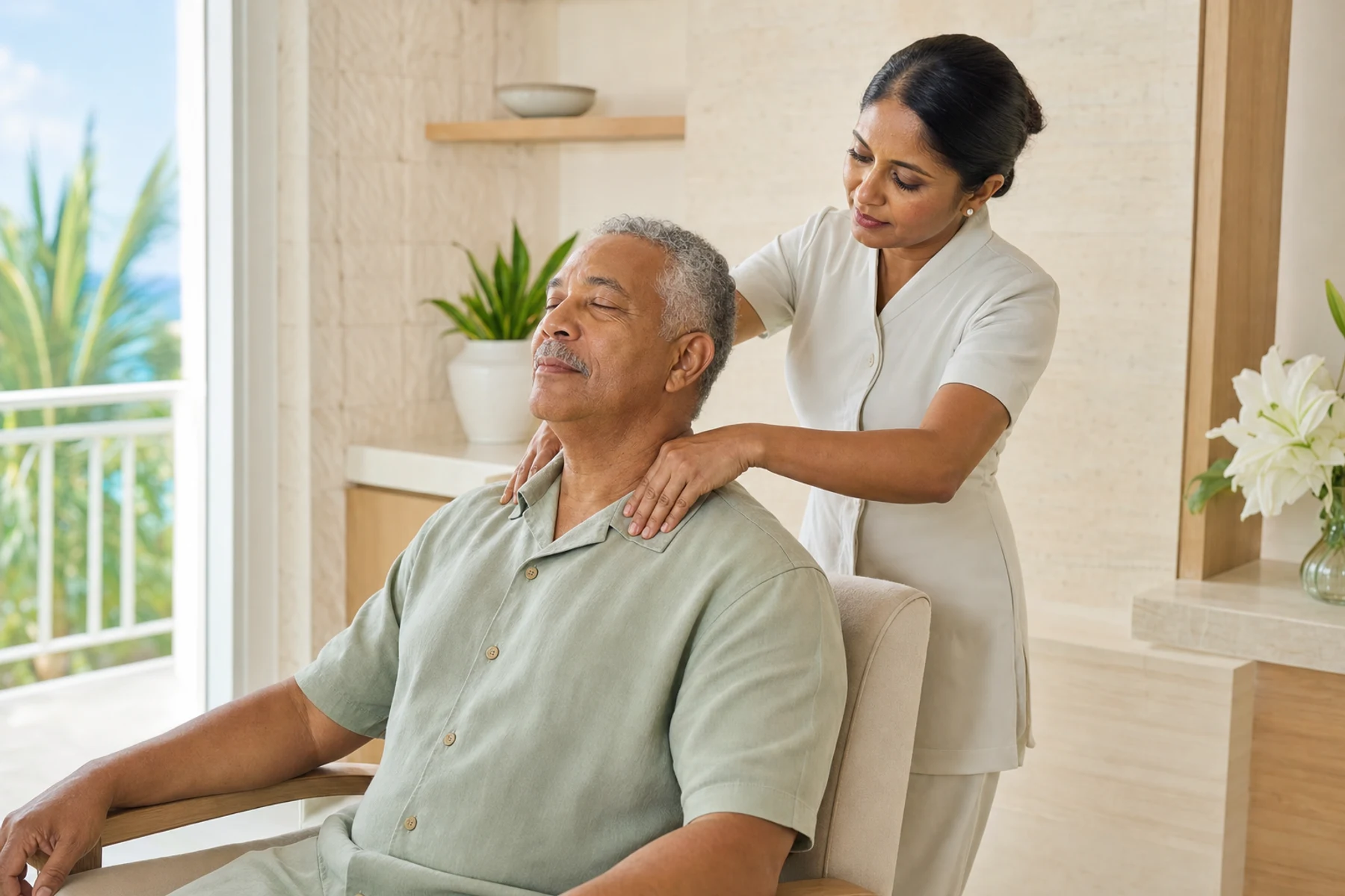 Massage therapist kneading the shoulders of a fully clothed seated mature adult client