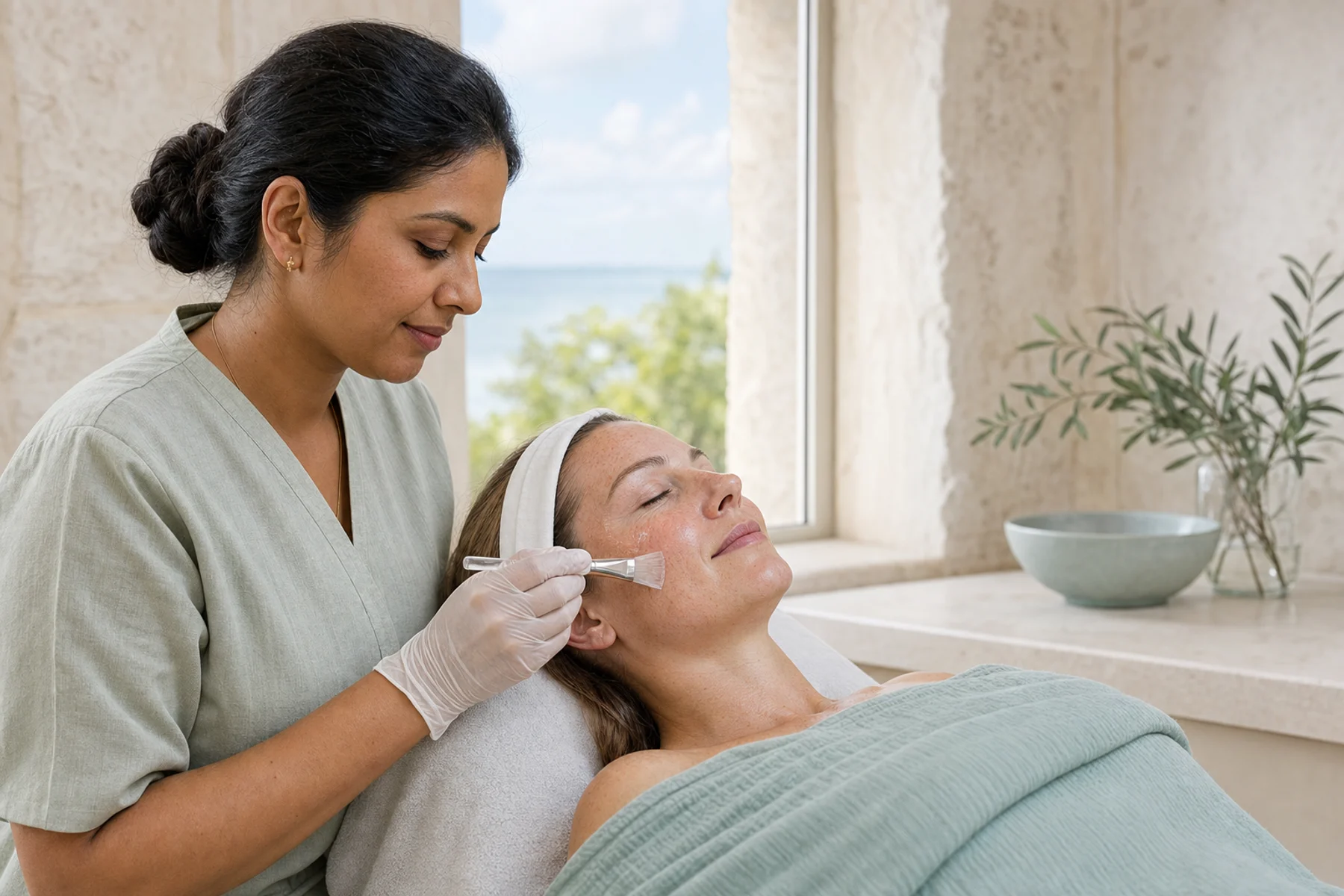 Skin therapist gently applying a clear hydrating serum to an adult client's freckled cheek