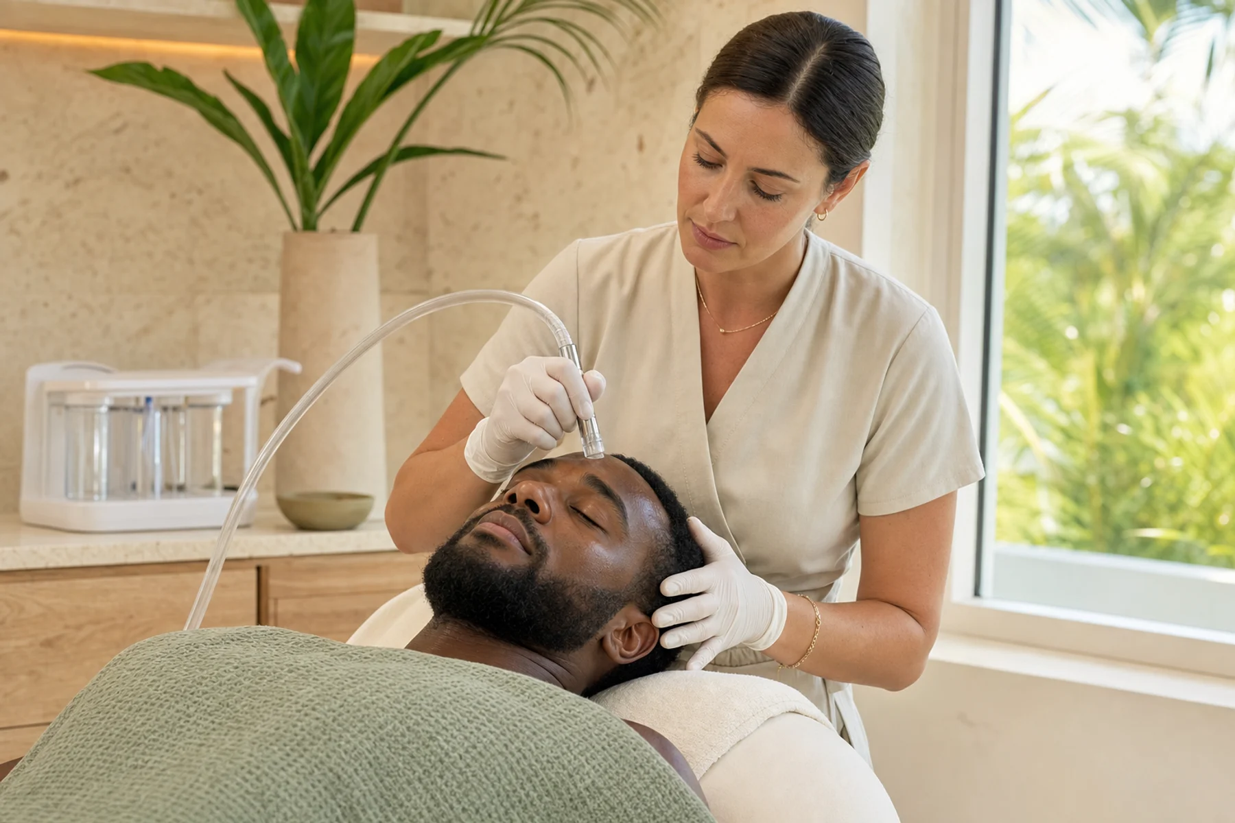 Skin therapist using a clear-tipped hydration handpiece on an adult man's forehead