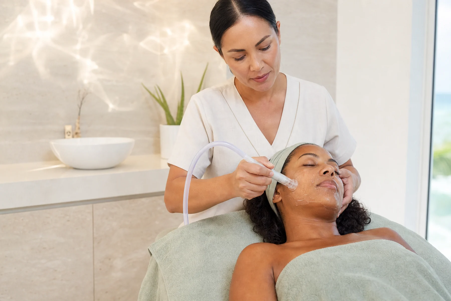 Skin therapist using an unbranded hydration handpiece during a professional facial