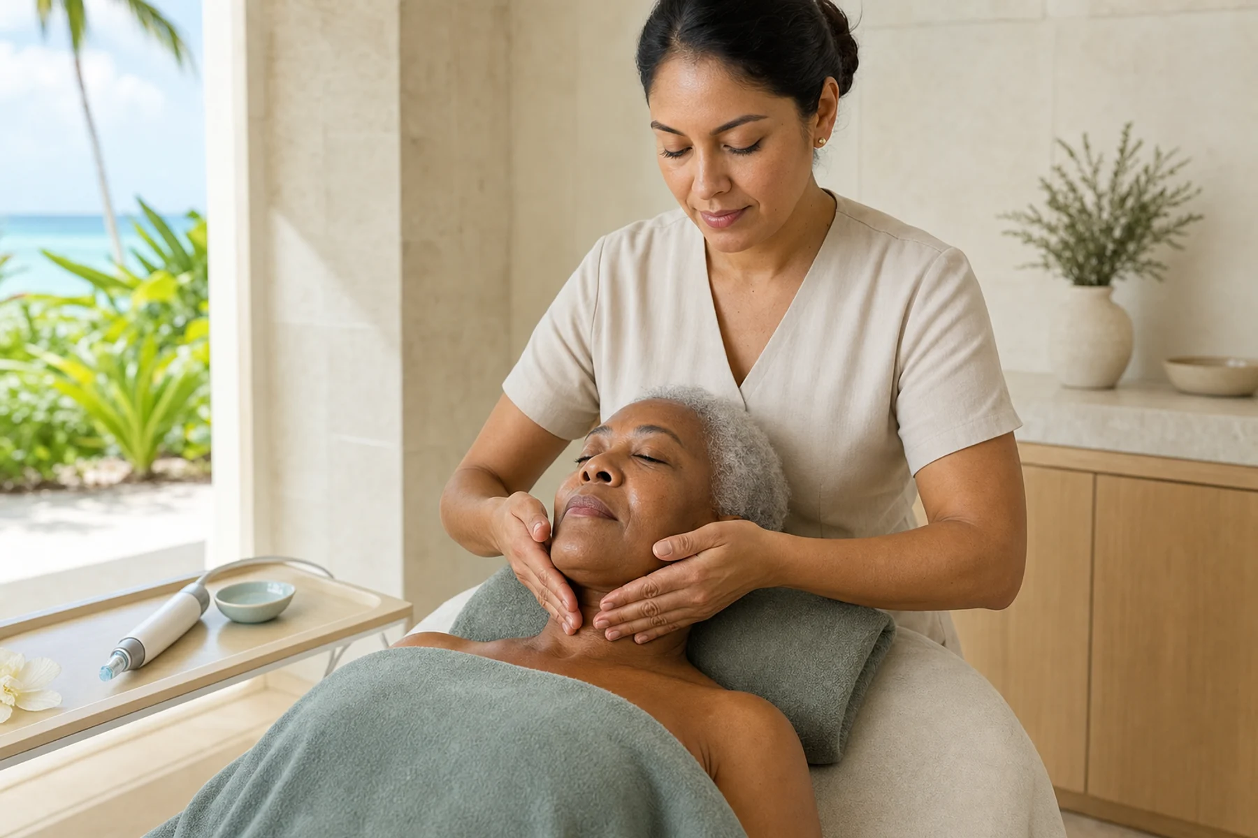 Skin therapist performing a gentle two-handed facial massage for a mature adult client