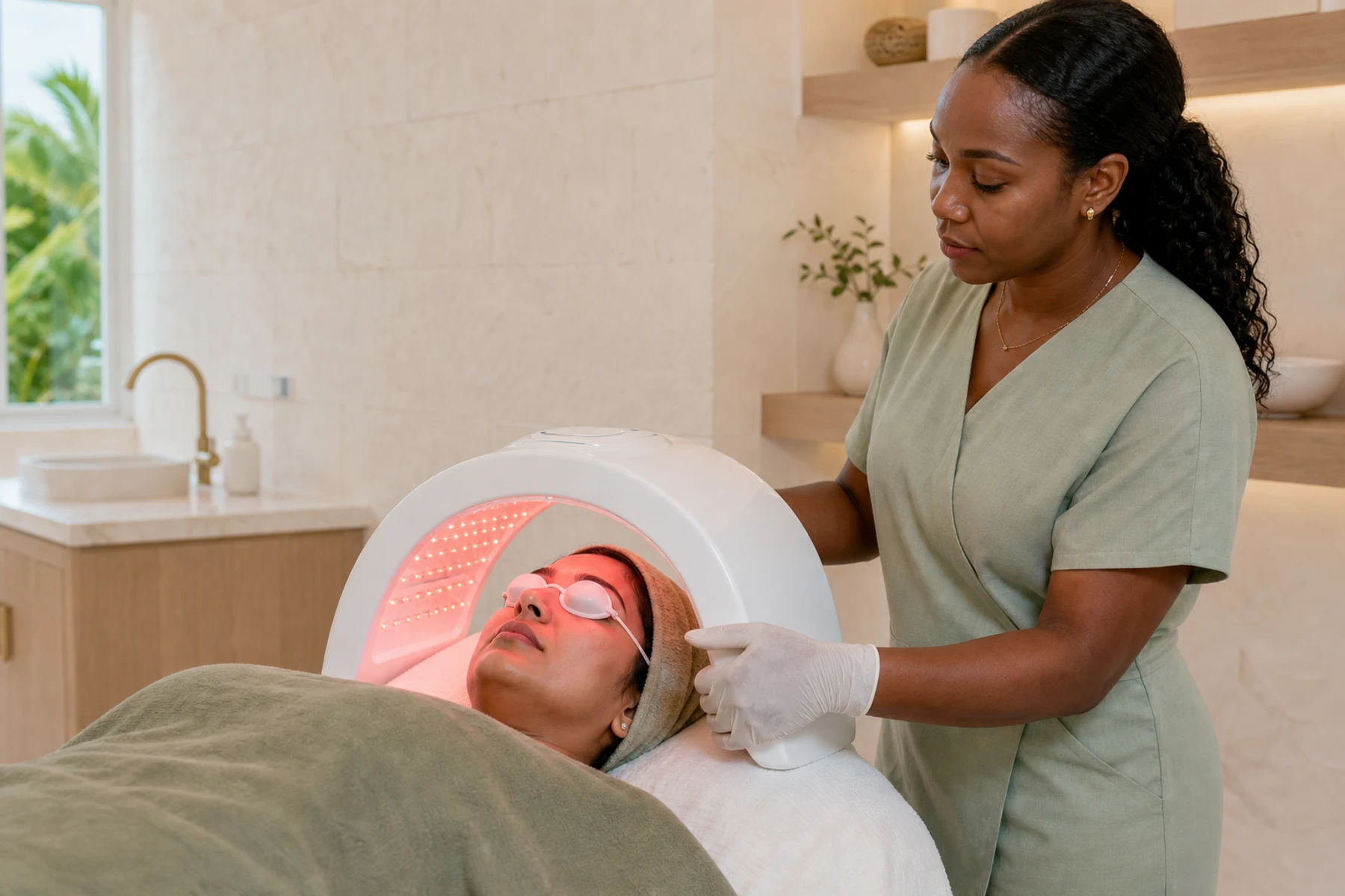 Fully draped adult client wearing eye shields beneath a curved red LED facial light