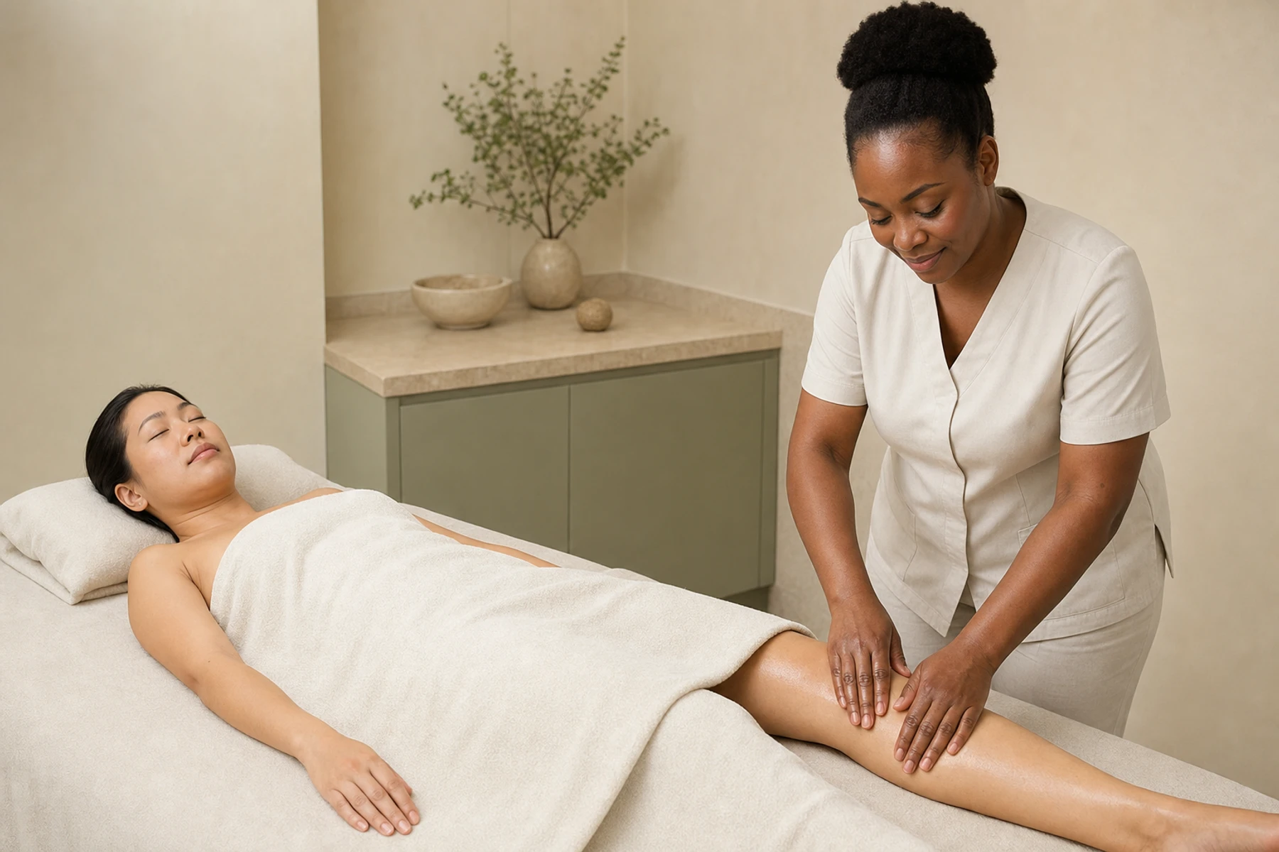 Massage therapist using light flat-hand strokes along a supported adult client's lower leg