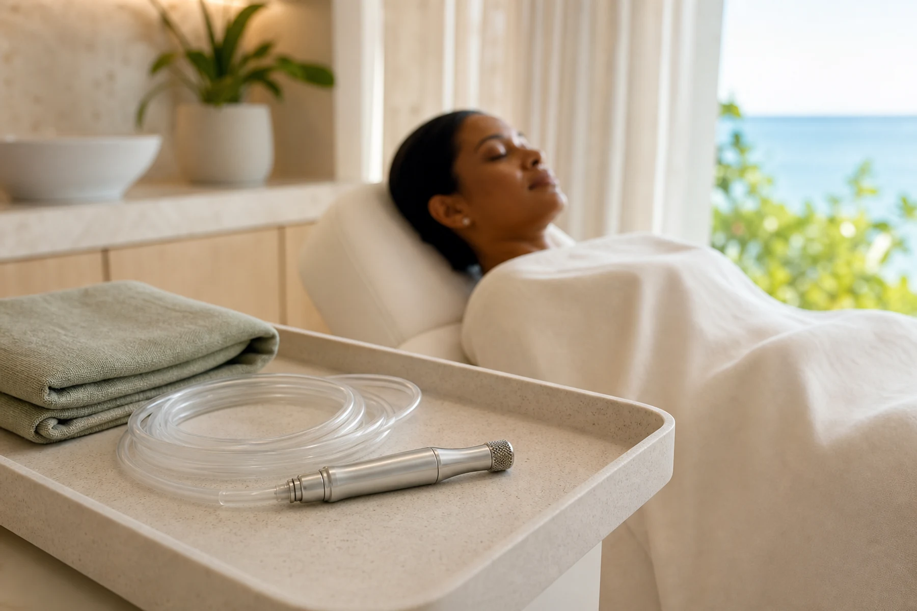 Unbranded facial-resurfacing handpiece on a clean tray beside a fully draped adult client