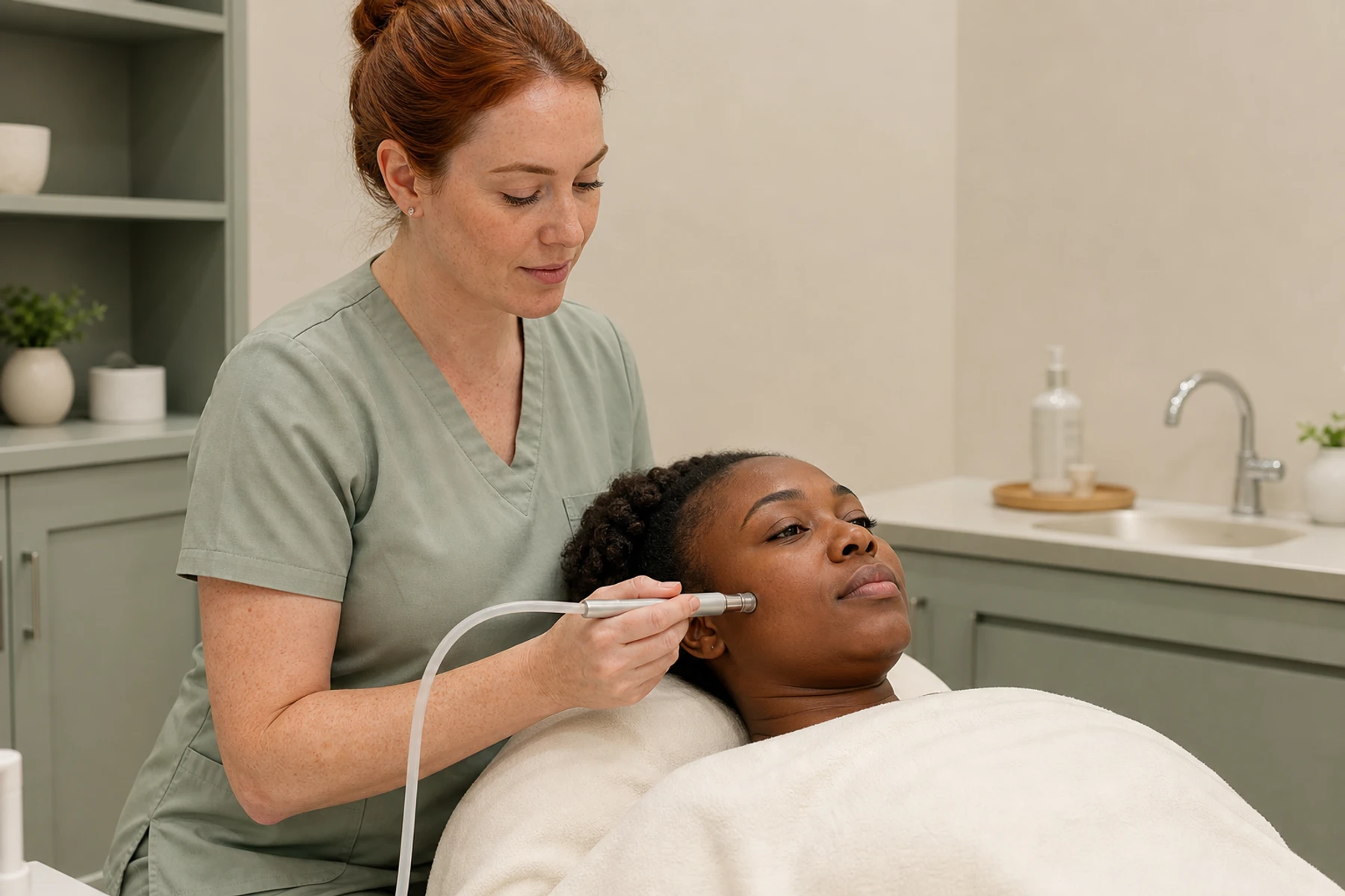 Esthetician using an unbranded microdermabrasion handpiece on an adult woman's cheek