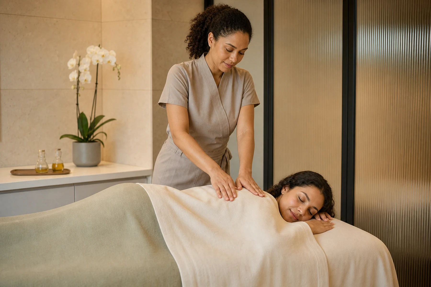 Massage therapist using long gliding strokes across a professionally draped adult client's upper back
