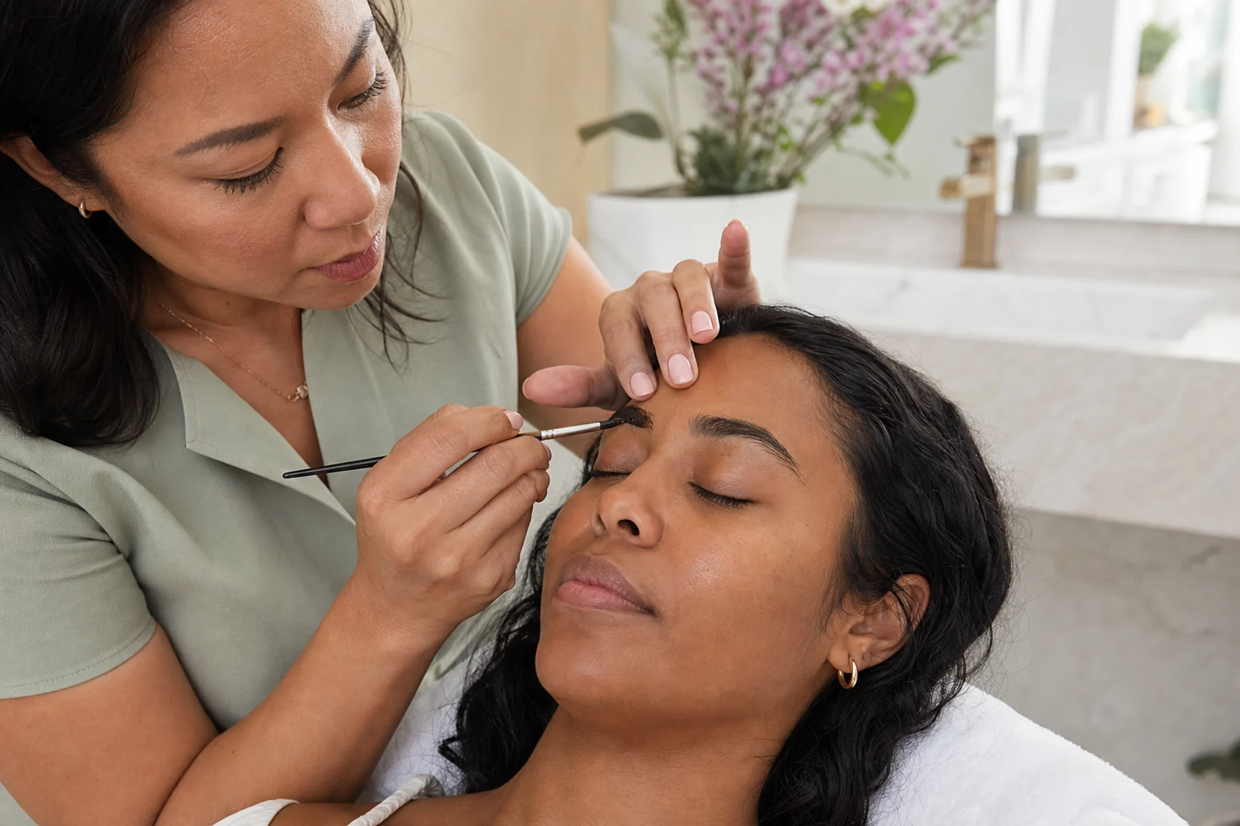 Brow specialist carefully applying tint to an adult client's natural eyebrows